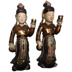 Vintage Two Wooden Sculptures of Worshipers, Vietnam