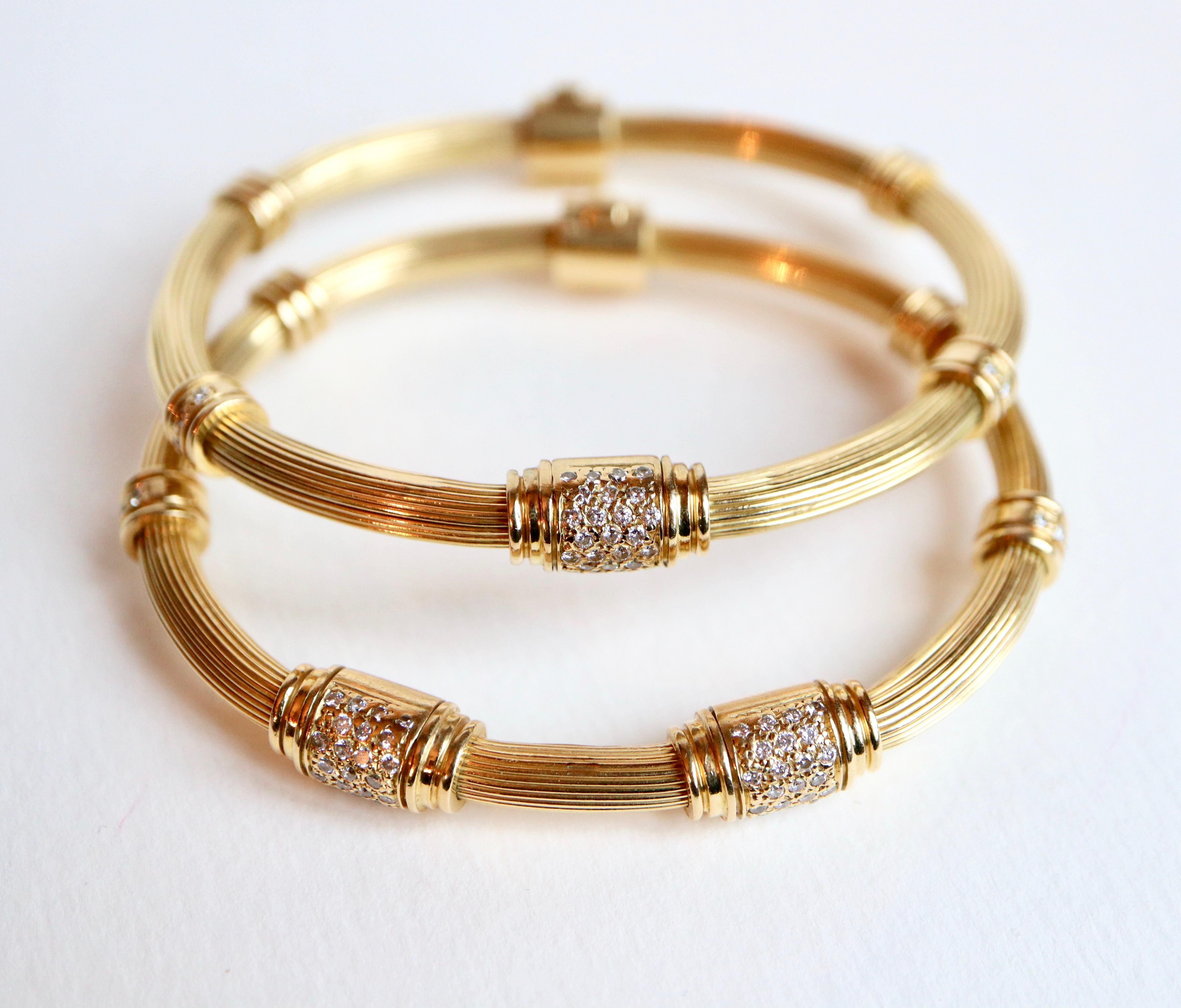 Two Yellow Gold 18 Karat and Diamonds Multi-Strand Bangles In Good Condition For Sale In Paris, FR