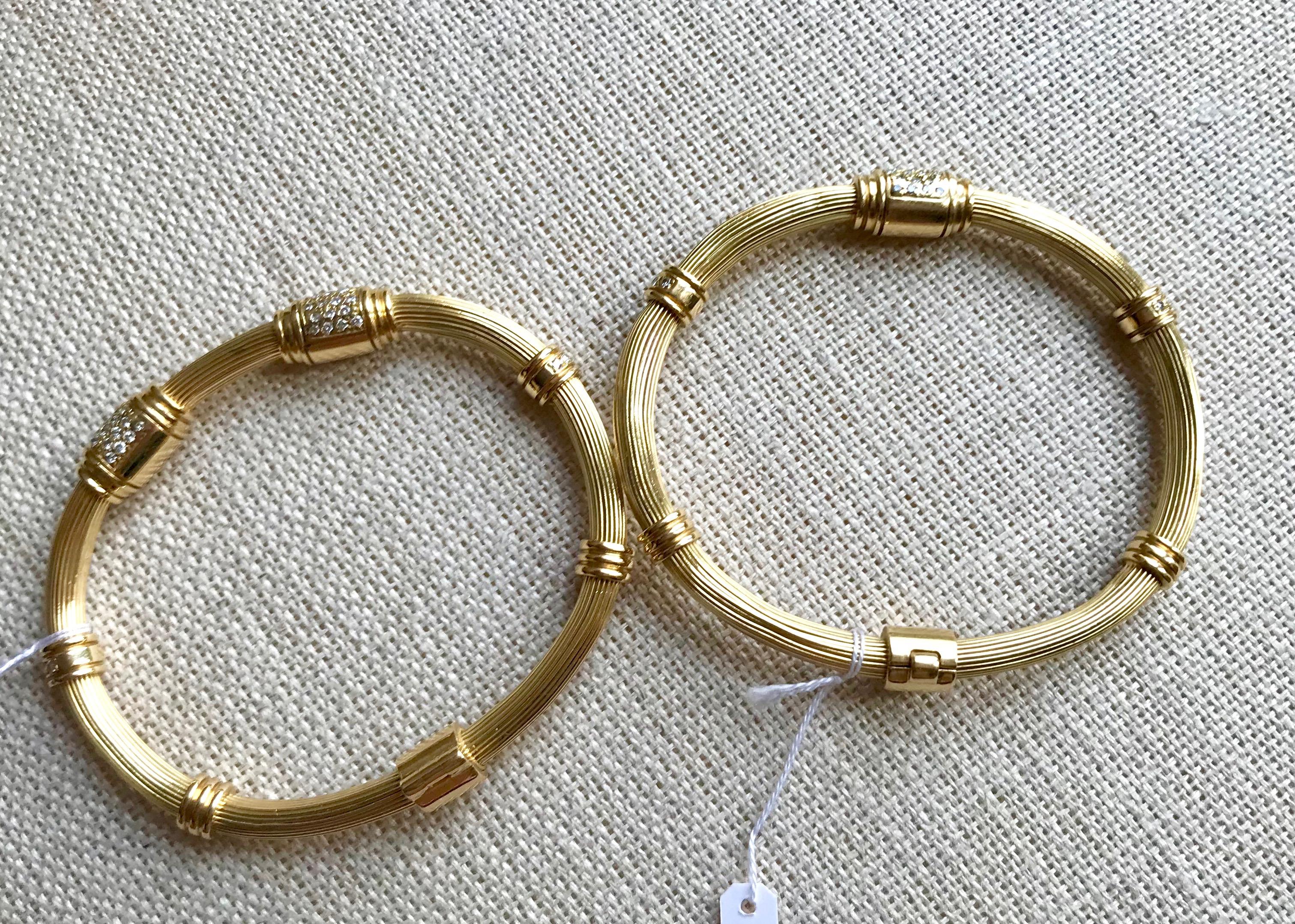 Women's Two Yellow Gold 18 Karat and Diamonds Multi-Strand Bangles For Sale