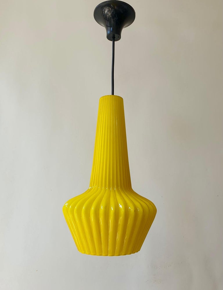 Hollywood Regency Two Yellow Murano Glass Pendant Lights For Sale