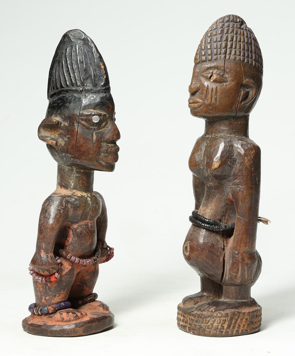 Nigerian Two Yoruba Tribe twin Figures with Cowrie Cloaks, Nigeria For Sale