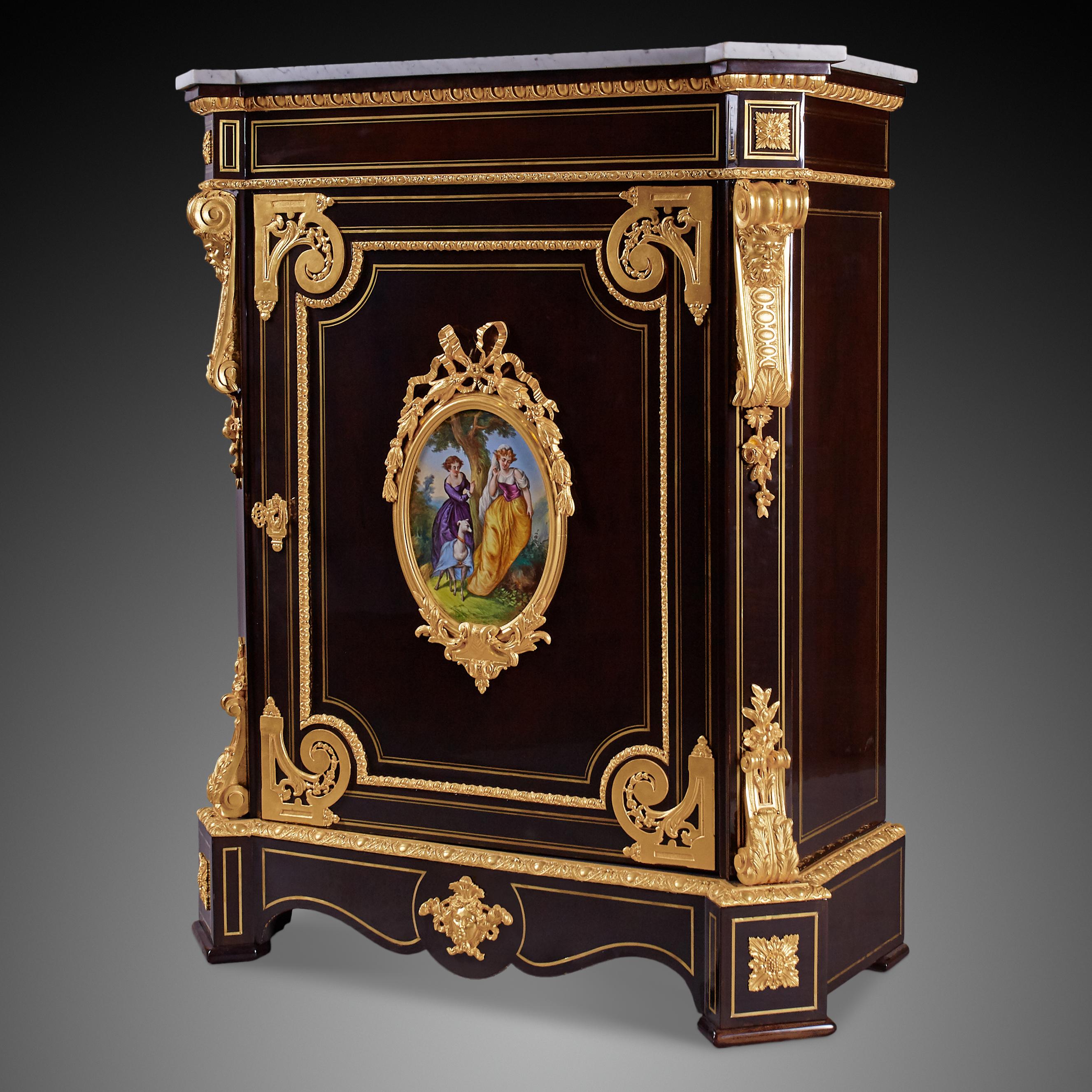 French Delicate Porcelain Ormolu and Ebony Cabinet, Napoleon III For Sale