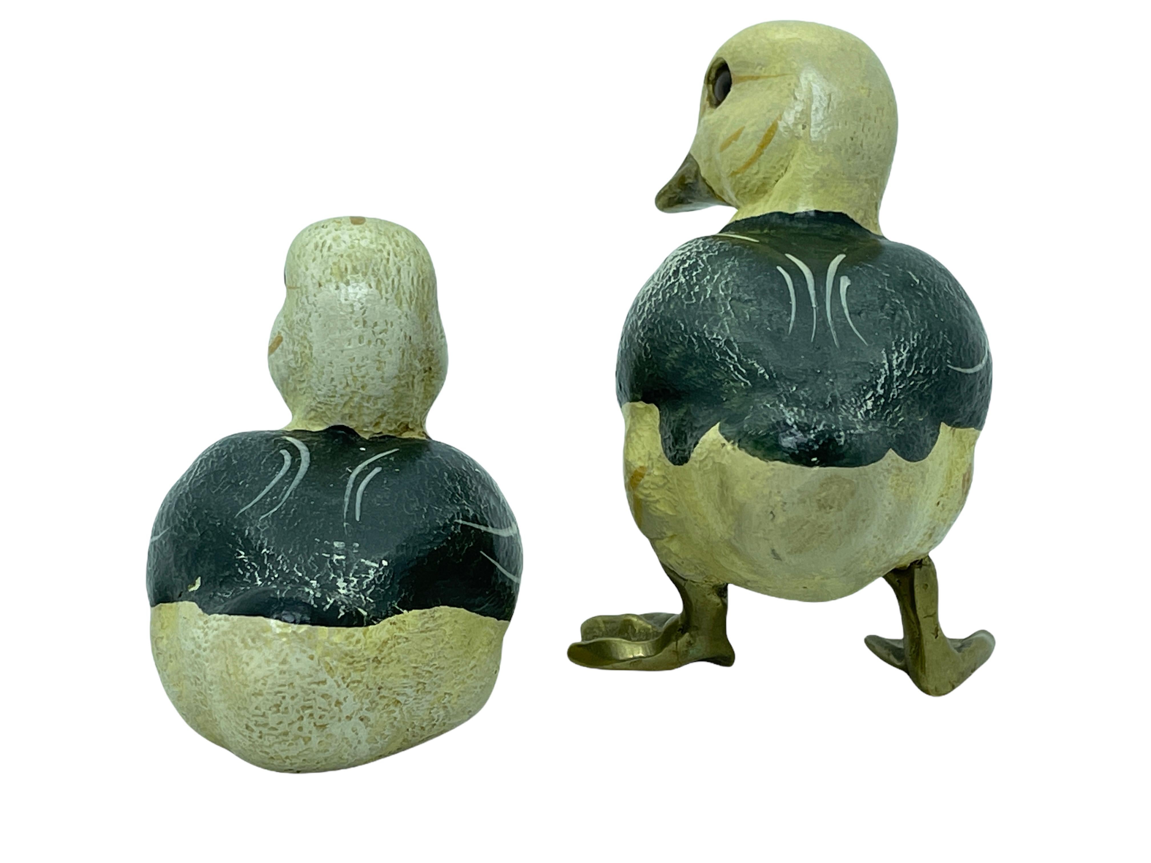 Hollywood Regency TwoBrass Accented Hand Painted Ducklings Figurine Statue, 1980s Malevolti Italy For Sale