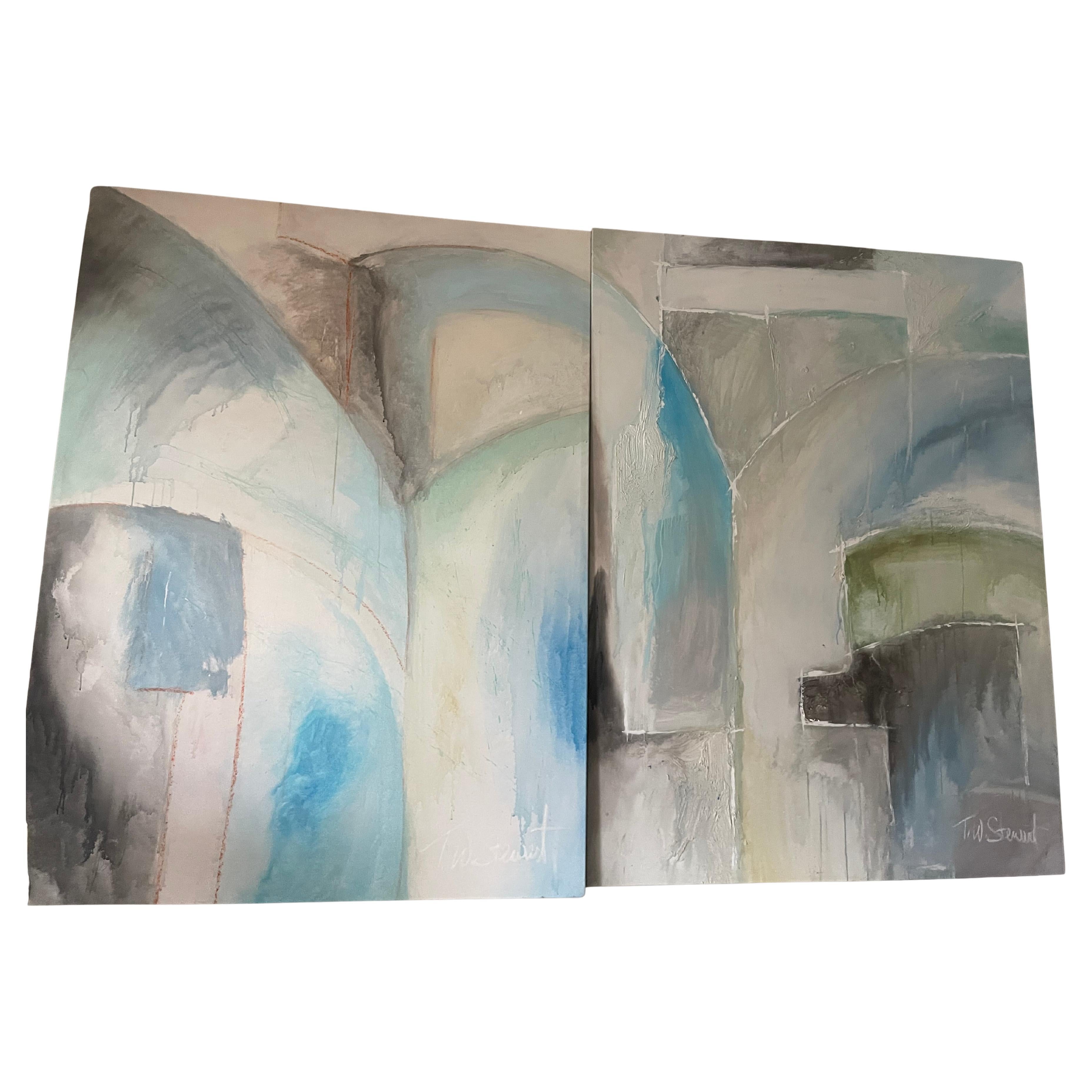 T.W.Stewart  Olio su tela blu astratto Dyptich Contemporary in vendita