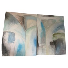 T.W.Stewart  Blau Abstrakt Dyptich Contemporary Öl auf Leinwand