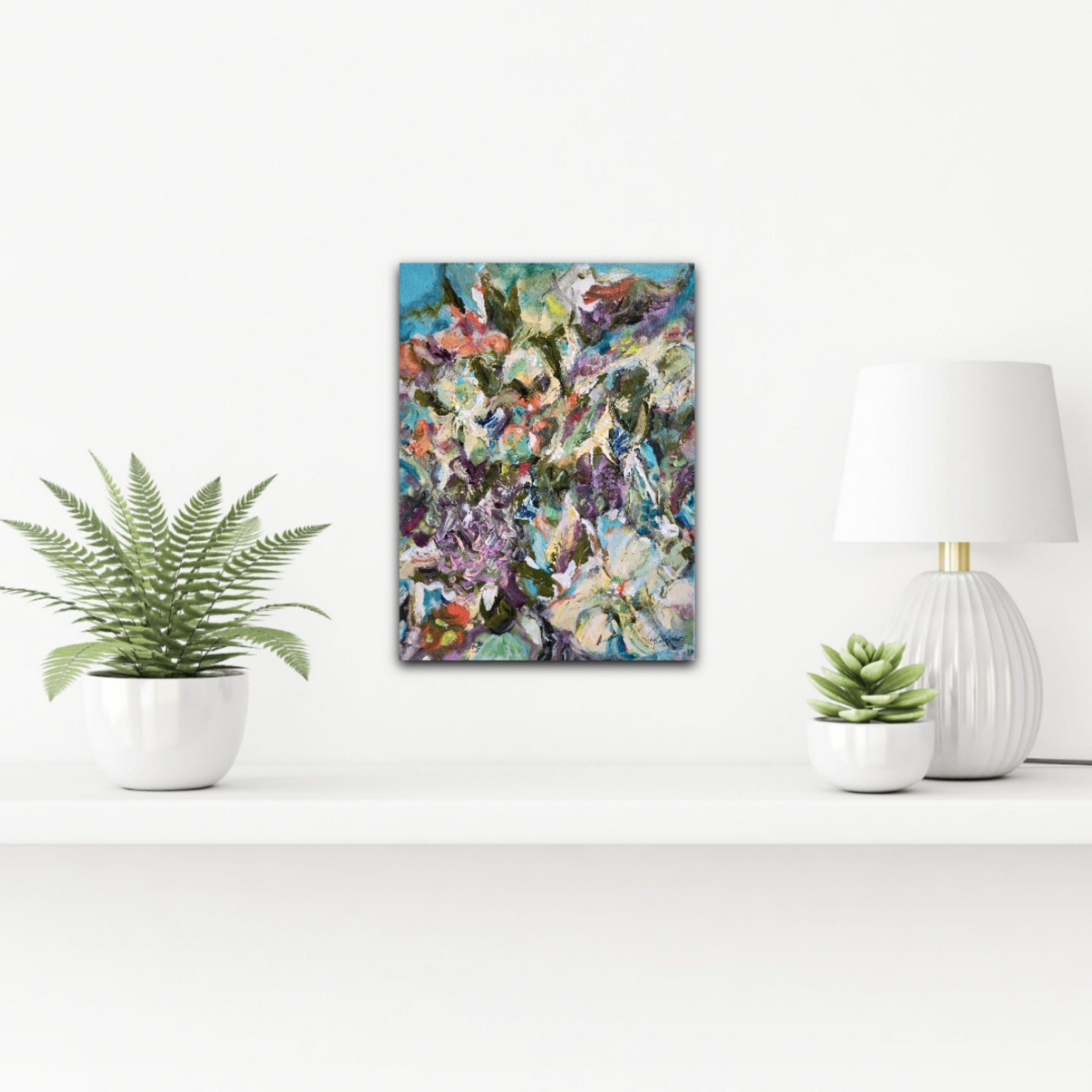 The artist is Crazy about flowers, abstract art, and nature. This fun, colorful barrage of flowers, leaves, and sky with thick impasto paint was created with love and joy. It brings motion, color, spontaneity and botanicals into your home or office.