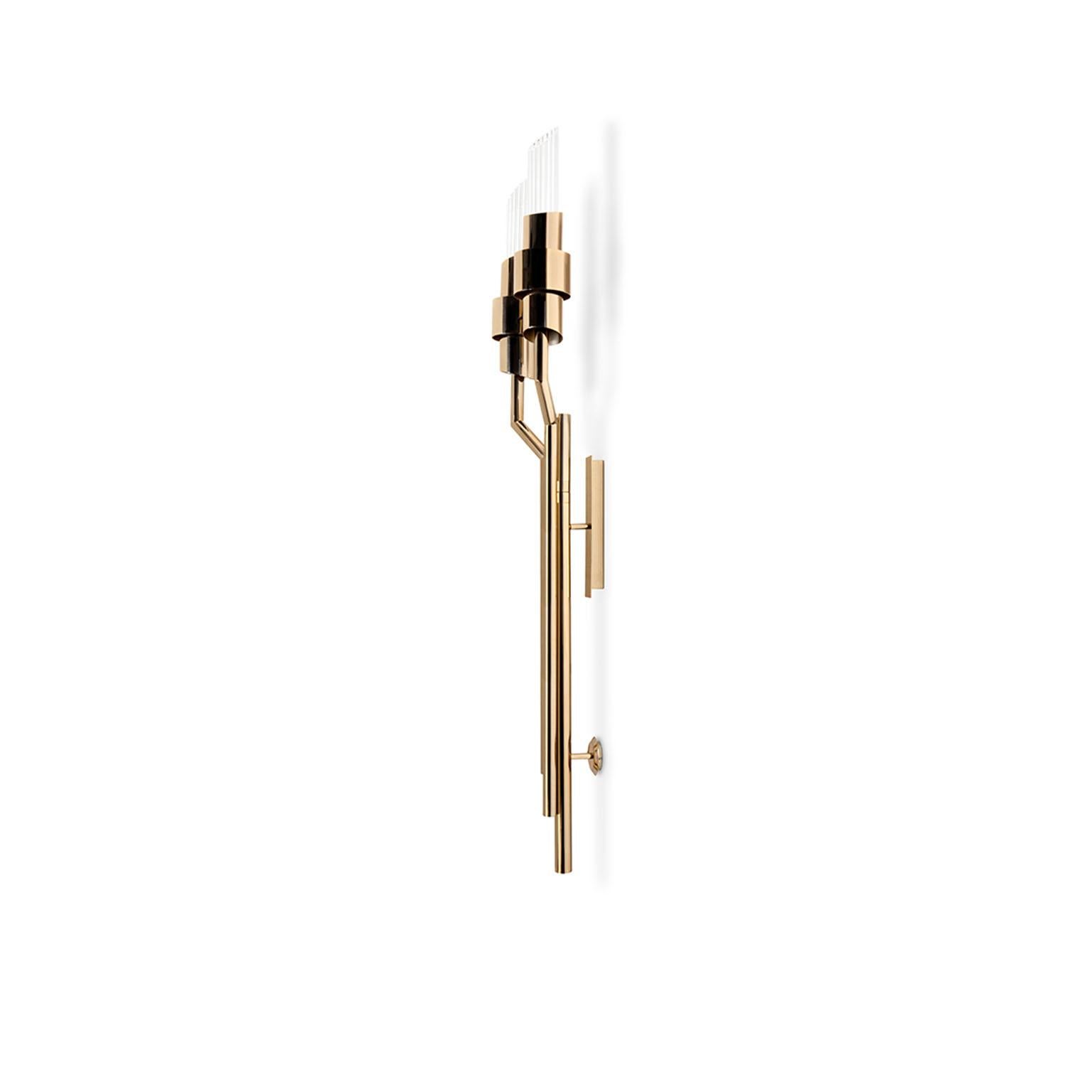 Modern Tycho Torch Sconce in Gold Plated Brass with Ribbed Crystal Flutes For Sale