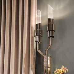 Tycho Torch Small Sconce in Gold-Plated Brass and Crystal Glass Flutes