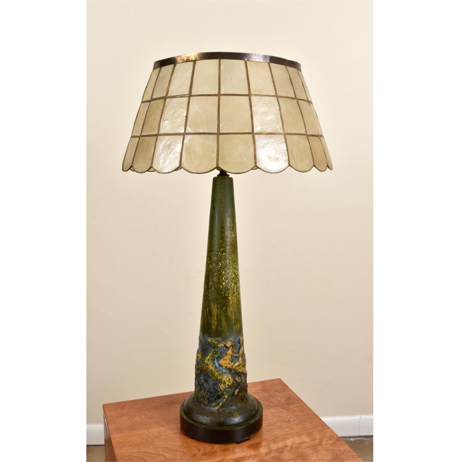 Lacquered Metal on Base with Tulip-Shaped Frosted Glass Accent Vintage Classical Greek Roman Maiden Lamp