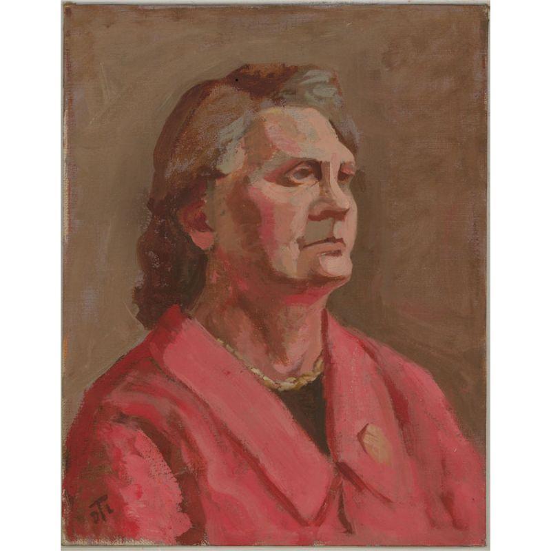 A characterful portrait in oil of a determined and resolute woman in a vibrant pink jacket. The artist has signed to the reverse of the board and initialed 