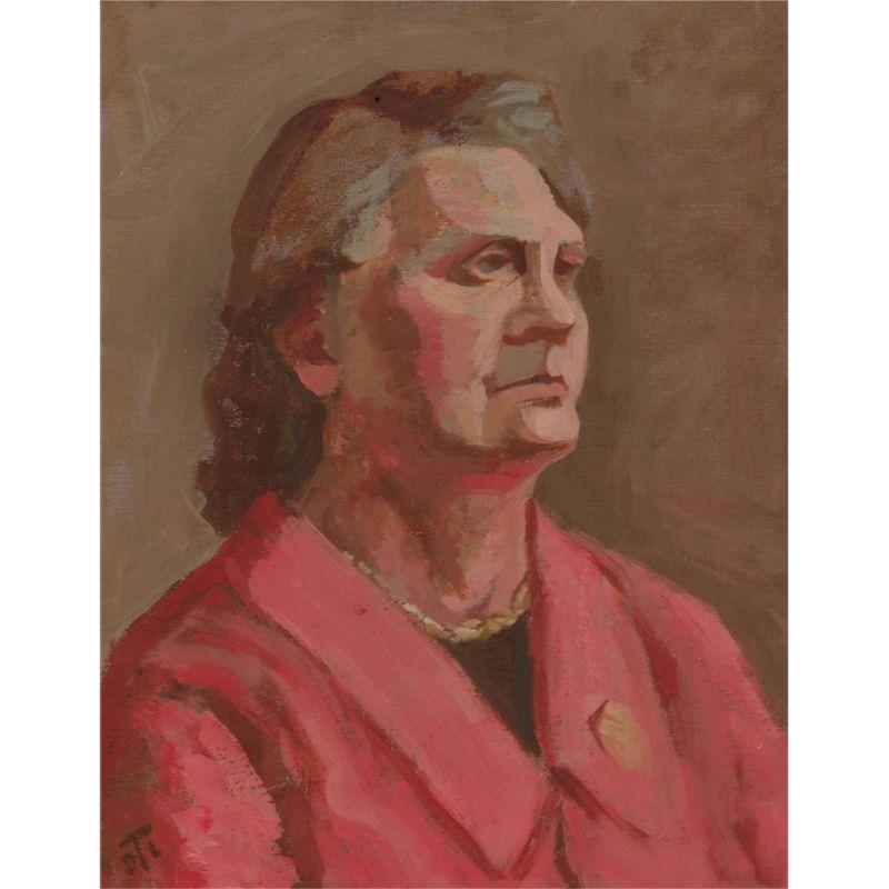 Charaktervolles Ölporträt einer entschlossenen und resoluten Frau in einer leuchtend rosa Jacke. Der Künstler hat auf der Rückseite der Tafel signiert und in der linken unteren Ecke die Initialen "DTL" angebracht. Auf Leinwandkarton.
