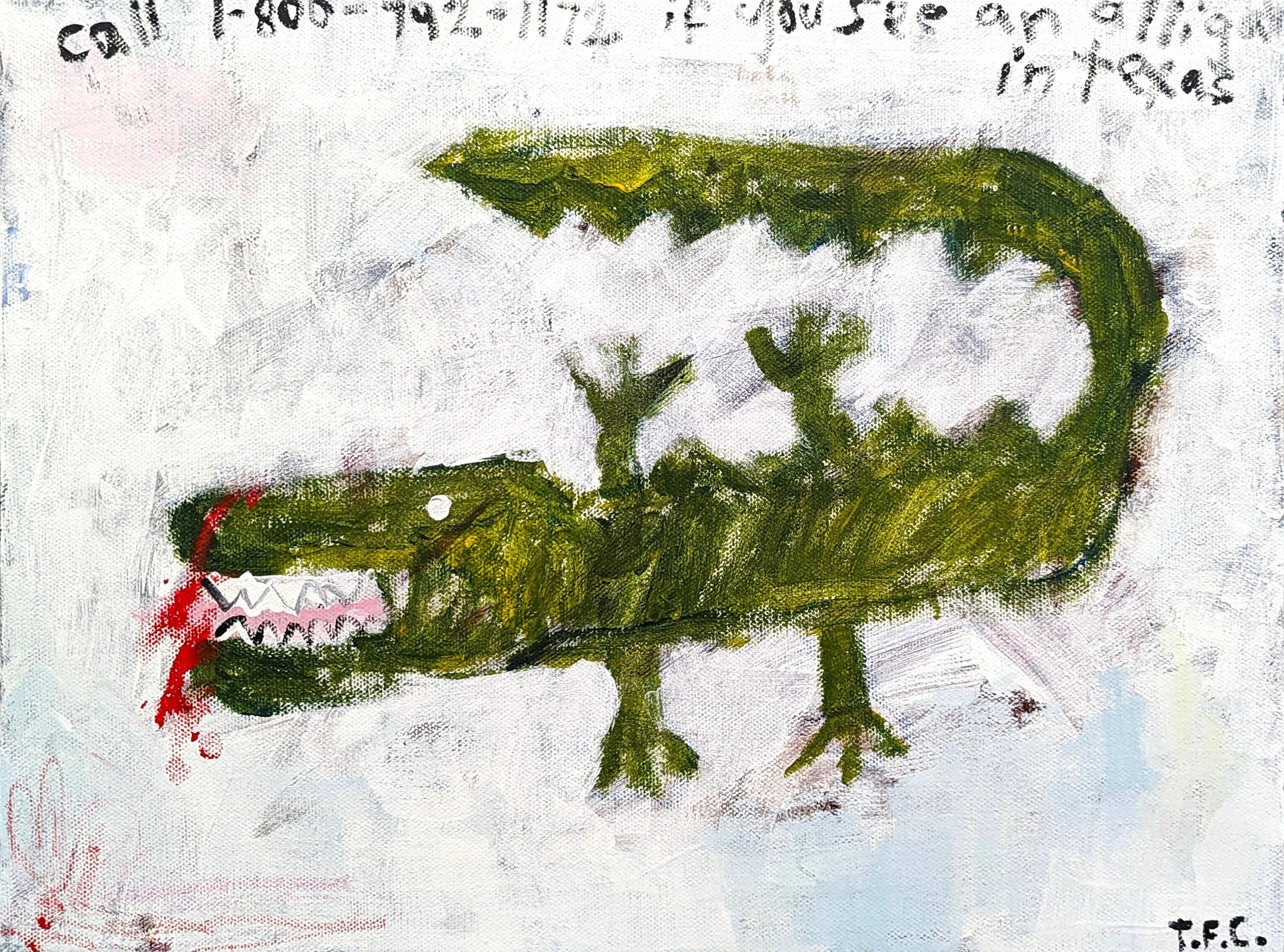 Abstrakte Tiermalerei des zeitgenössischen Künstlers Tyler Casey. Das Werk zeigt eine gestische Darstellung eines Alligators, über der der Satz "Call if you see an alligator in Texas" steht. Signiert in der rechten unteren Ecke der Vorderseite.