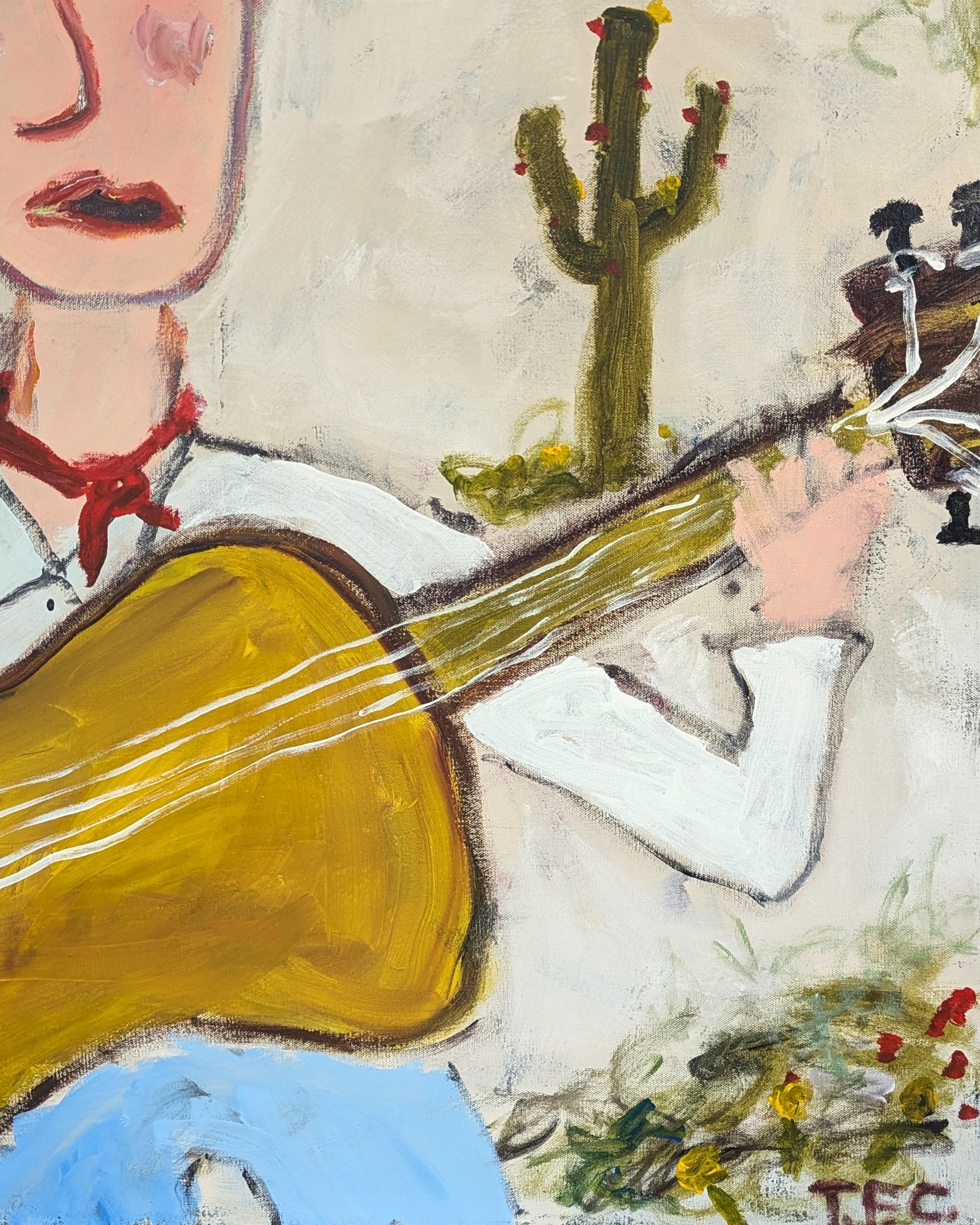 Pittura astratta gestuale contemporanea dell'artista texano Tyler Casey. L'opera raffigura un cowboy con un cappello azzurro che tiene in mano una chitarra con un cavallo sullo sfondo. Il testo della canzone 