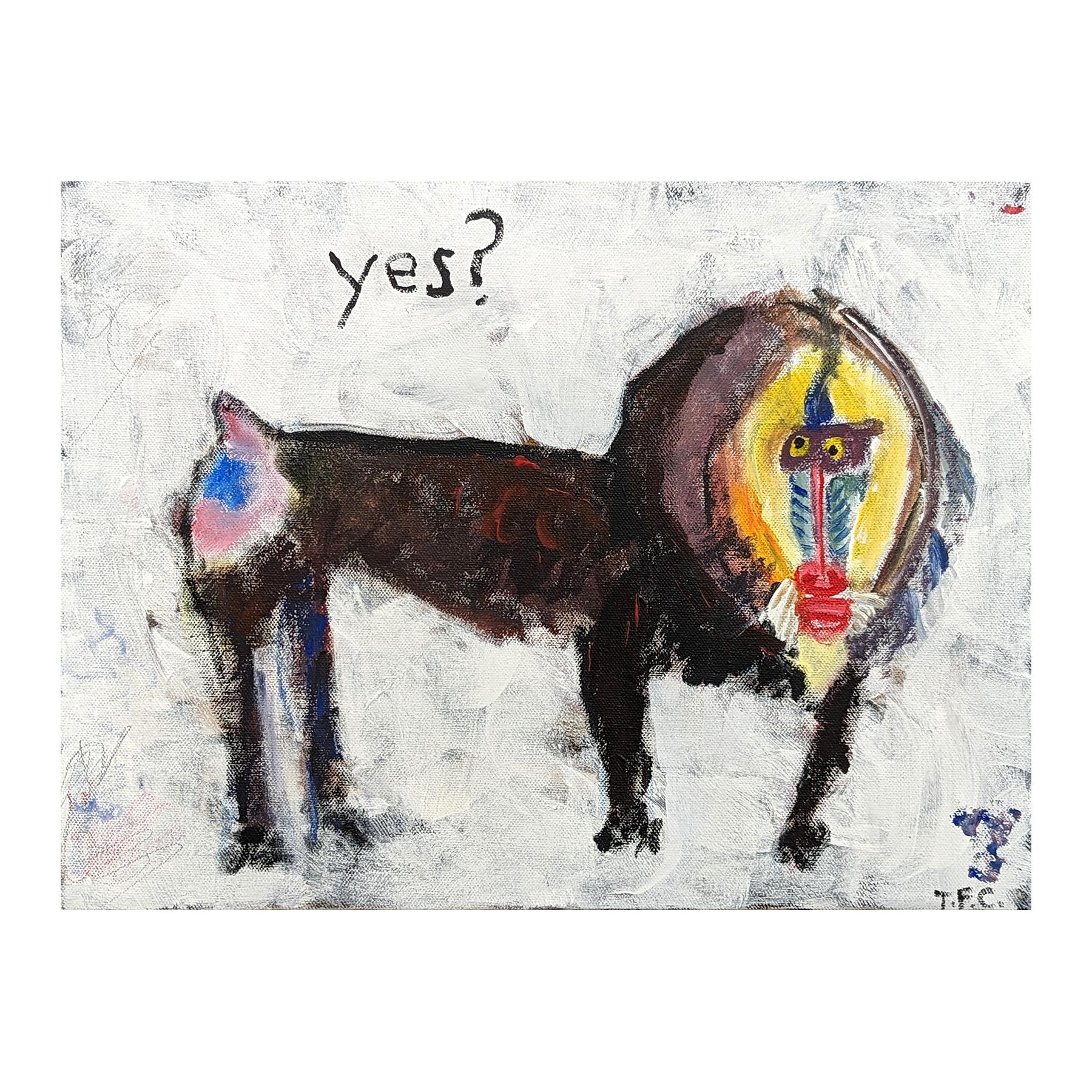 Peinture abstraite animalière de l'artiste contemporain Tyler Casey. L'œuvre présente une représentation gestuelle d'un babouin avec le mot 