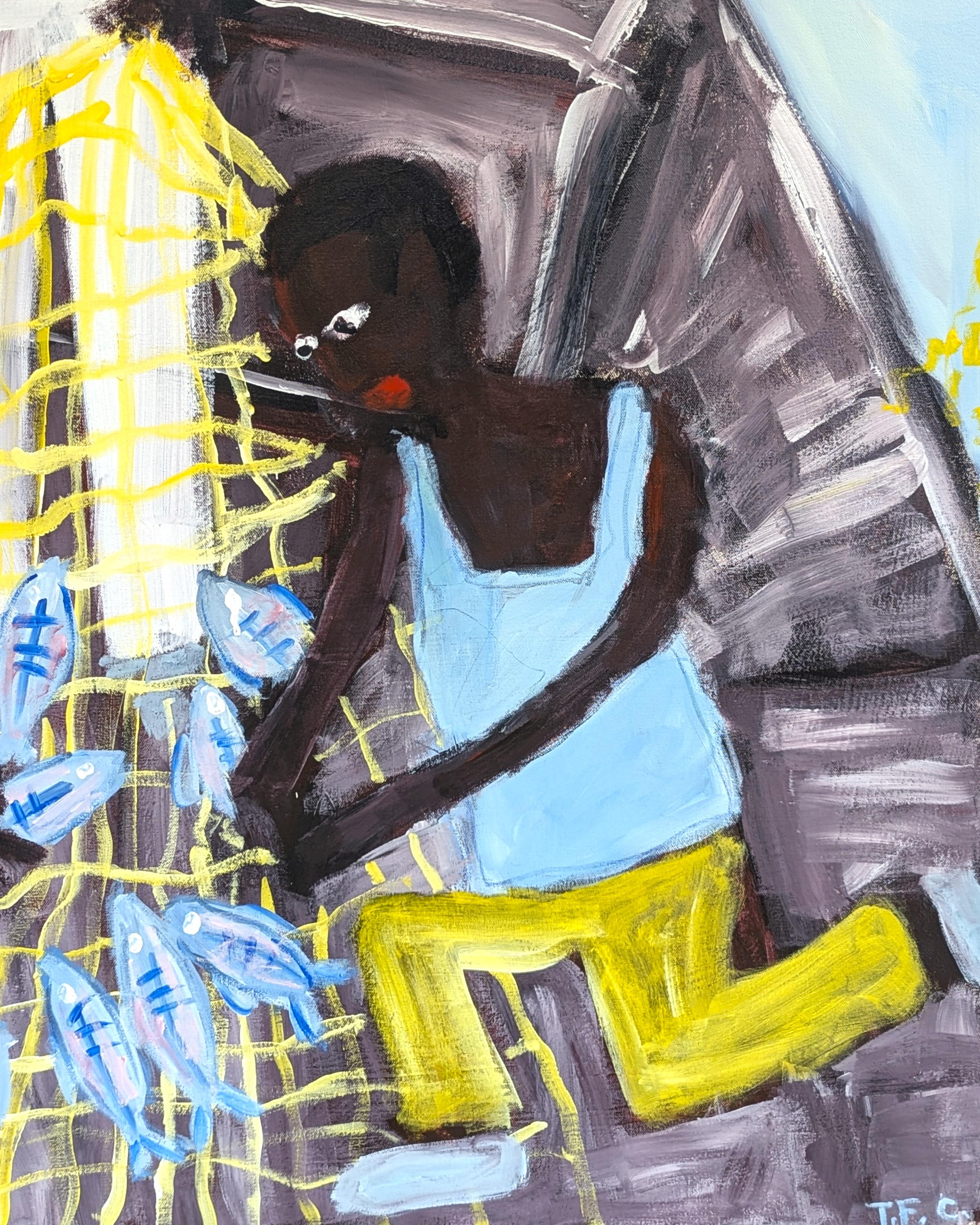 Pittura astratta gestuale contemporanea dell'artista texano Tyler Casey. L'opera presenta un gruppo di tre uomini in piedi su una barca con un bottino di pesce. Il testo circostante recita: 