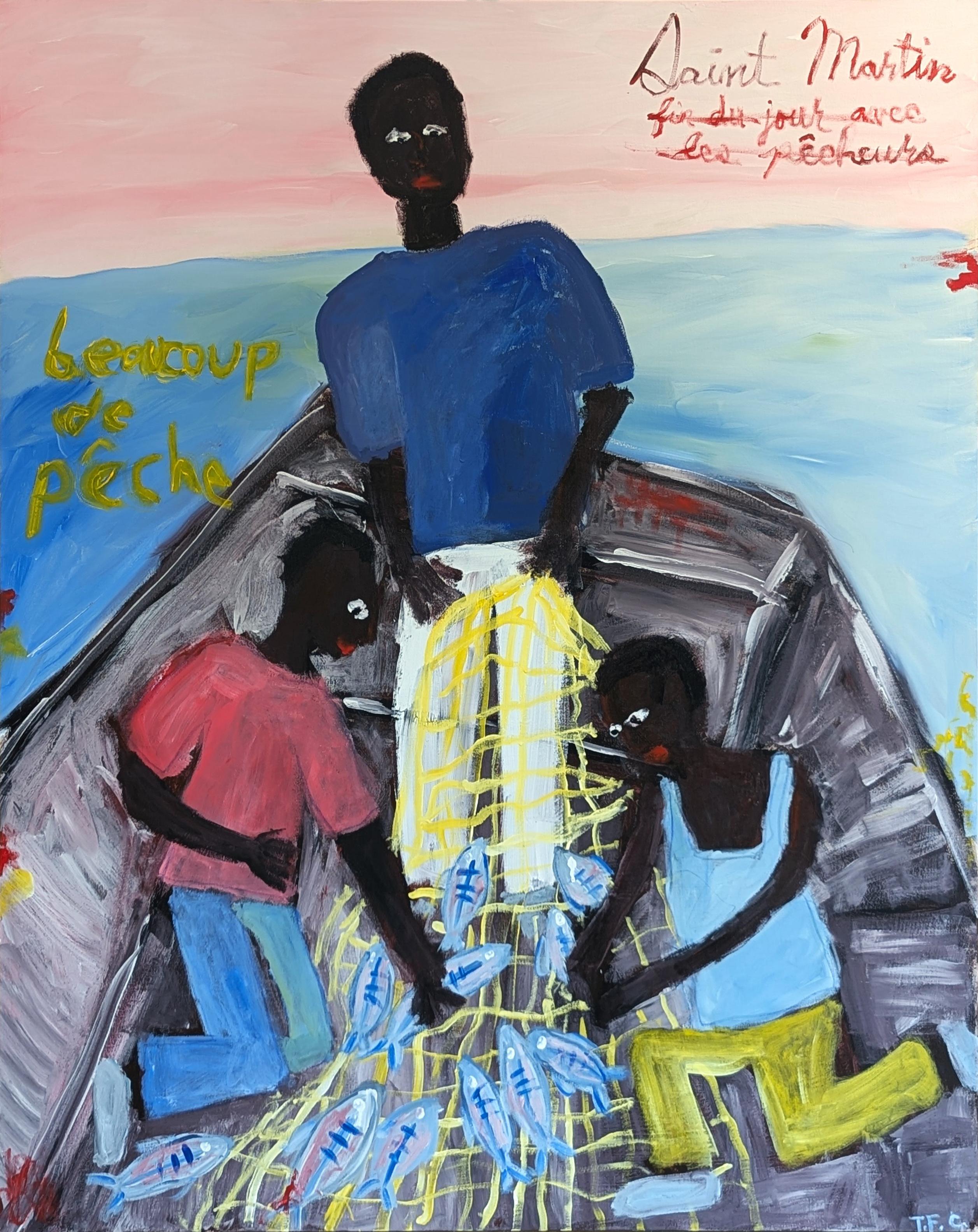 Abstract Painting di Tyler Casey - "Beaucoup de Pêche" Astratto gestuale contemporaneo di pescatori in barca