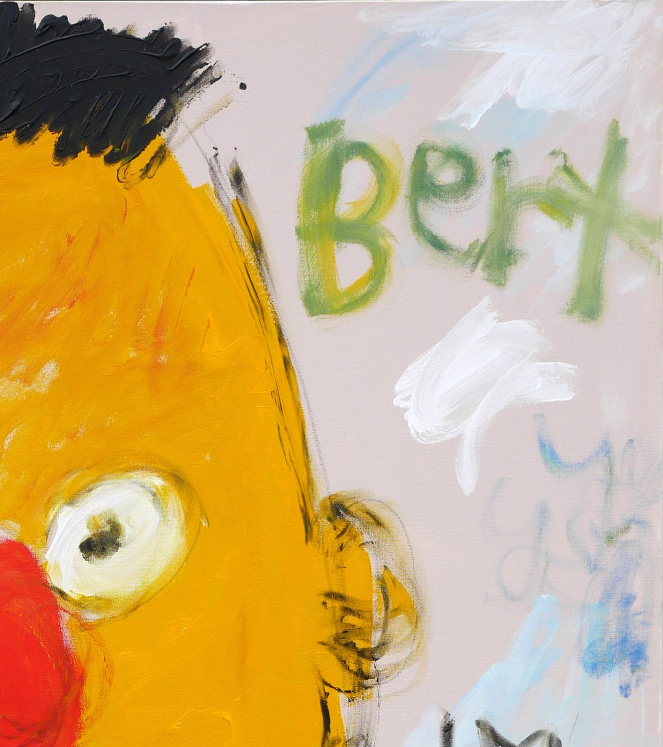 Contemporary pop art painting of iconic Sesame Street character, Bert, by Texas / Mexico based artist Tyler Casey. The work features an abstract yellow toned portrait of Bert dressed in his iconic striped shirt set against a light grey toned