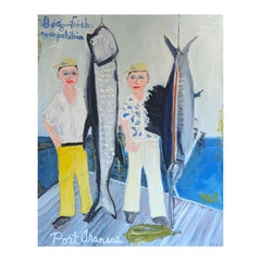 "Big Fish Competition" Contemporary Gestural Abstract Painting of Men and Fish