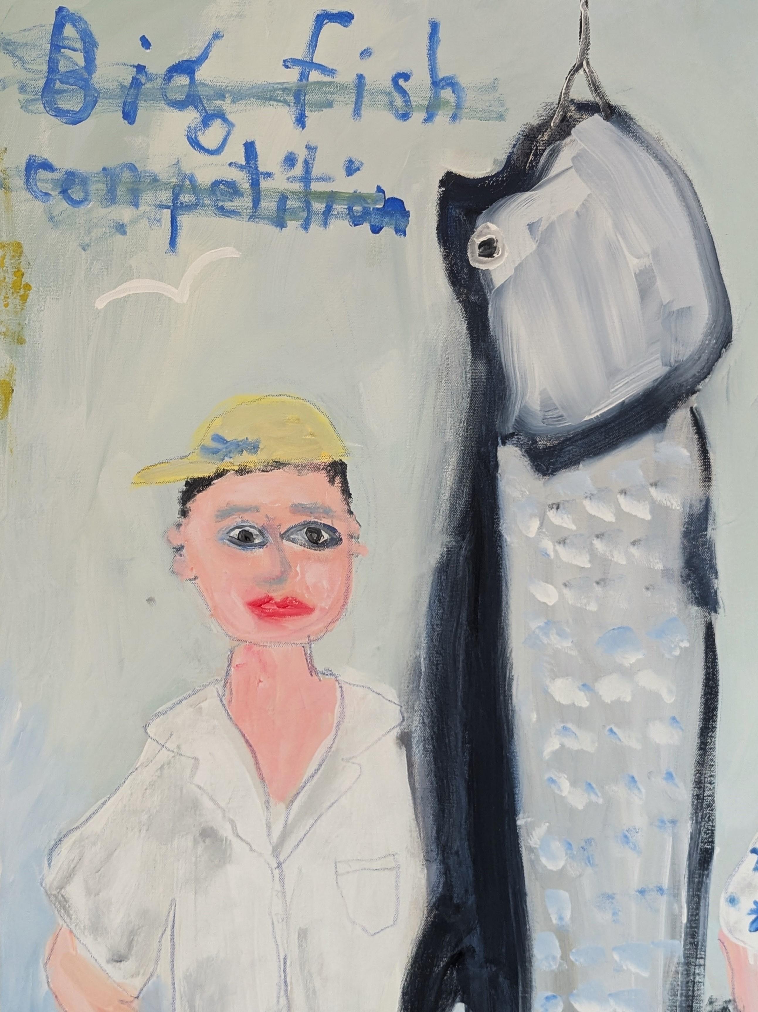 Contemporary gestural abstract painting by Texas-based artist Tyler Casey. The work features a group of two men on a dock standing next to a pair of fish they have caught for a 