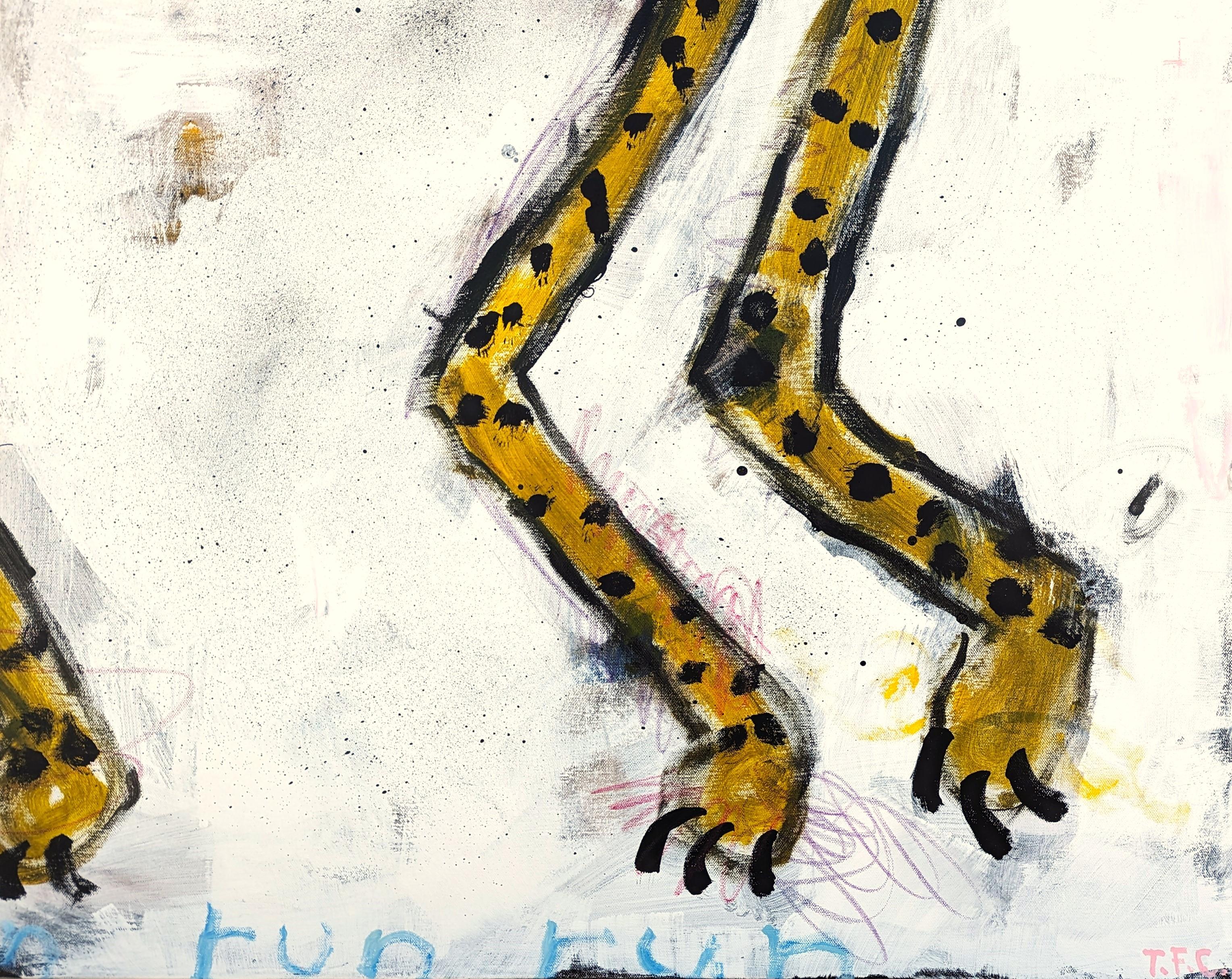 Pintura abstracta de animales del artista contemporáneo Tyler Casey. La obra presenta una representación gestual de un guepardo sobre un fondo blanquecino. Firmado en la esquina inferior derecha de la parte delantera. 

Biografía del artista: Tyler