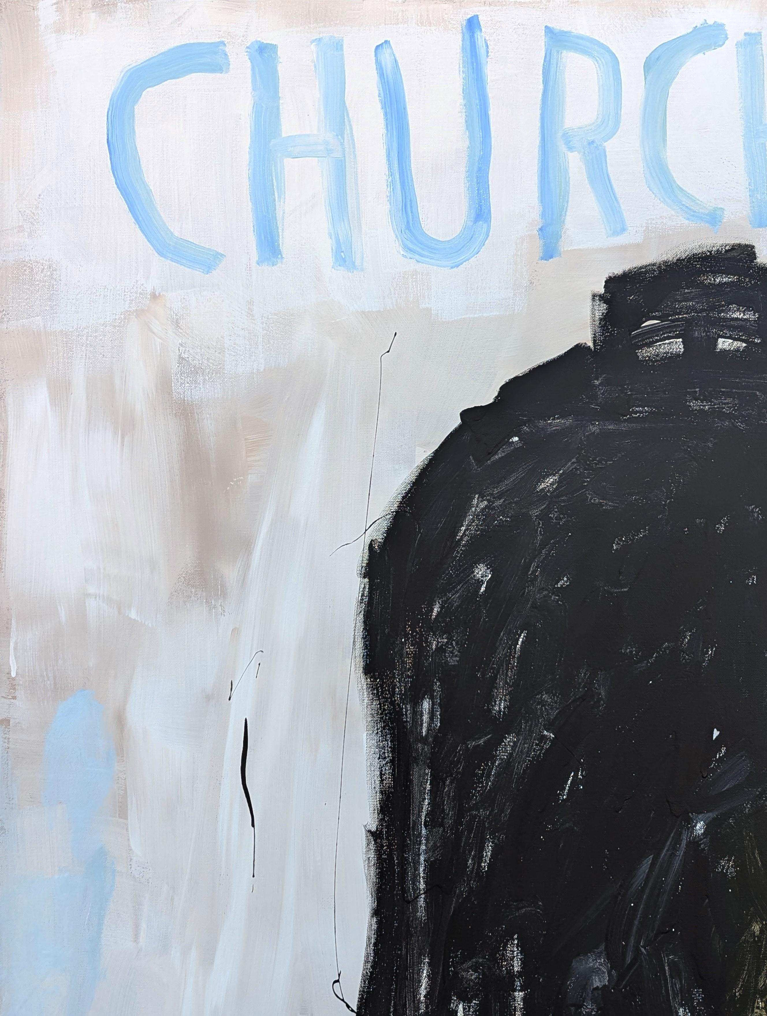 Contemporary gestural abstract painting by Texas-based artist Tyler Casey. The work features a large black bell set against a light cream background. Signed in the front lower right corner. Currently unframed, but options are available.

Artist