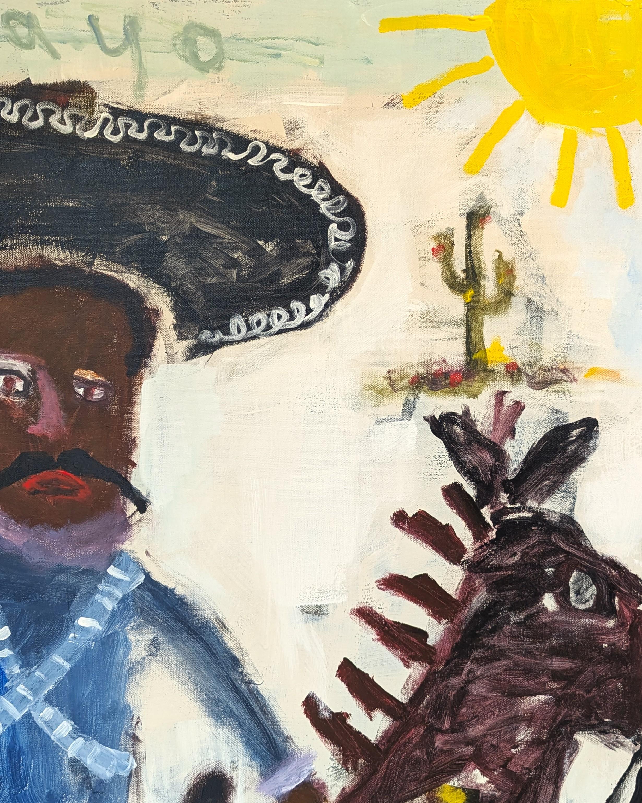 Contemporary gestural abstract painting by Texas-based artist Tyler Casey. The work features a male vaquero figure riding on a horse with his sword drawn with the text 