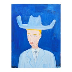 Contemporary Gestural Western Abstract Cowboy Portrait Painting in Blue