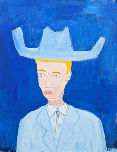 Contemporary Gestural Western Abstract Cowboy Portrait Painting in Blue