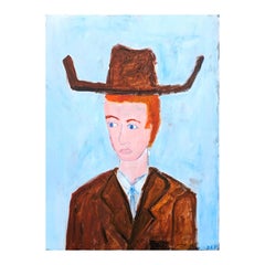 Contemporary Gestural Western Abstract Cowboy Portrait Painting in Brown & Blue