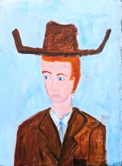 Contemporary Gestural Western Abstract Cowboy Portrait Painting in Brown & Blue