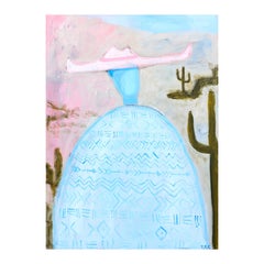 Contemporary Pastel Gestural Western Abstract Faceless Blue Cowboy in Pink Hat