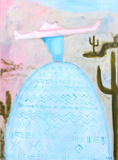 Contemporary Pastel Gestural Western Abstract Faceless Blue Cowboy in Pink Hat