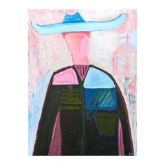 Contemporary Pastel Gestural Western Abstract Faceless Pink Cowboy in Blue Hat