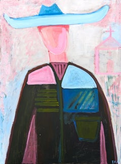 Contemporary Pastel Gestural Western Abstract Faceless Pink Cowboy in Blue Hat