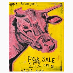 "Cow", opera contemporanea di Pop Art astratta rosa e gialla, omaggio a Andy Warhol