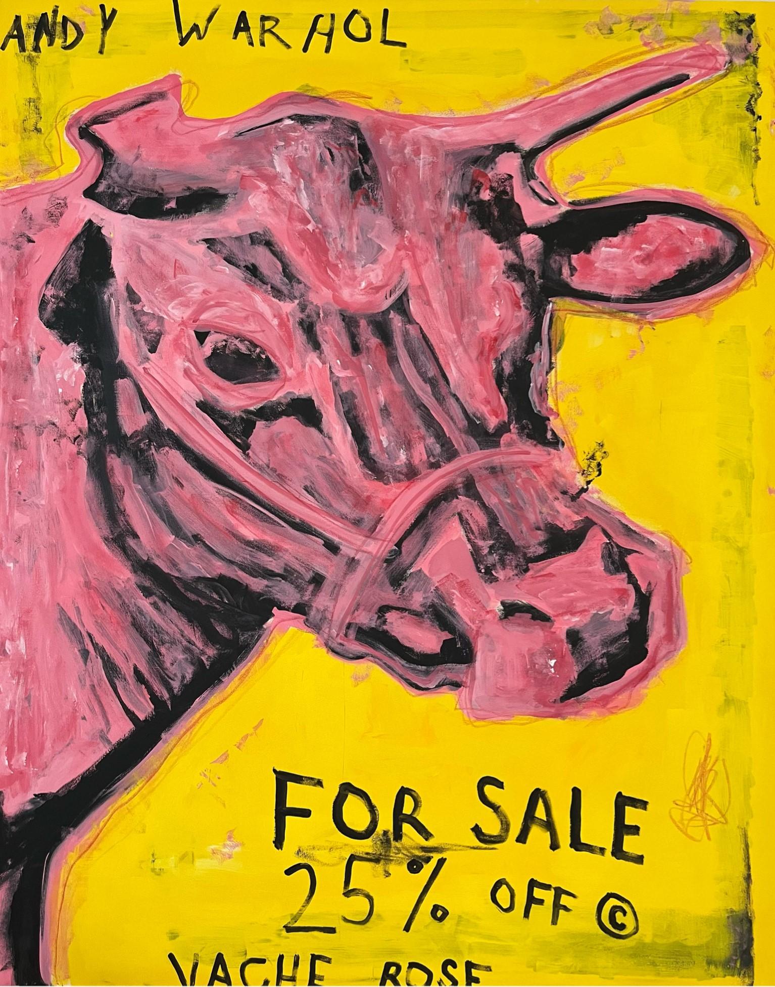 Tyler Casey Animal Painting - "Cow" Contemporary Pink and Yellow Abstract Pop Art Homage to Andy Warhol