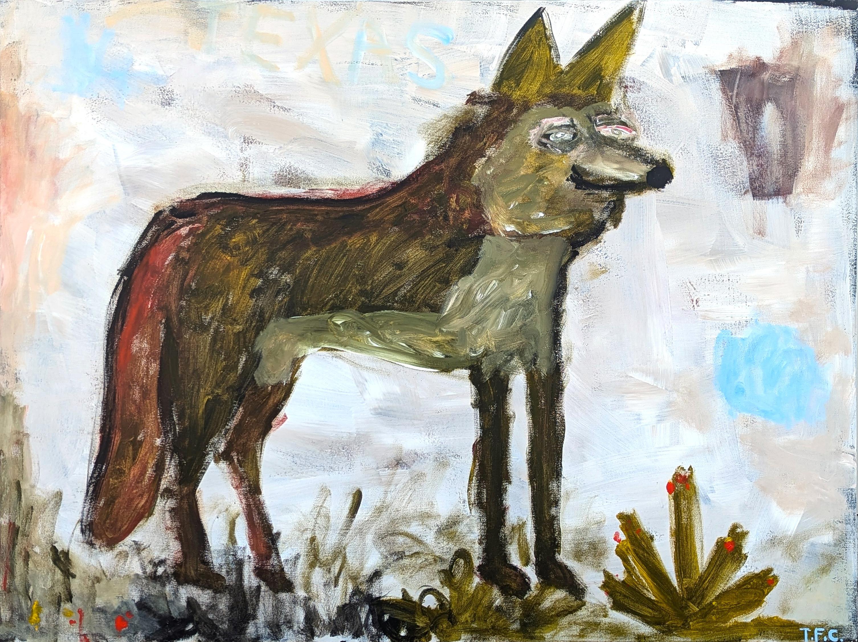 "Coyote" Pintura contemporánea gestual abstracta occidental de paisaje animal