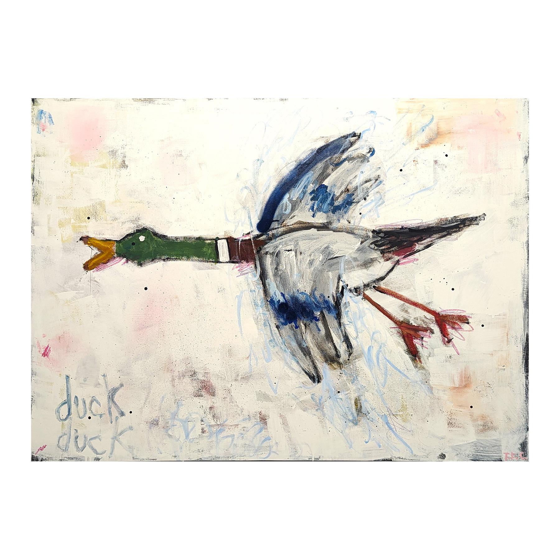 Abstract animal painting by contemporary artist Tyler Casey. The work features a gestural depiction of a duck against an off-white background. Signed in the front lower right corner. 

Artist Biography: Tyler Casey is a self-taught diverse artist