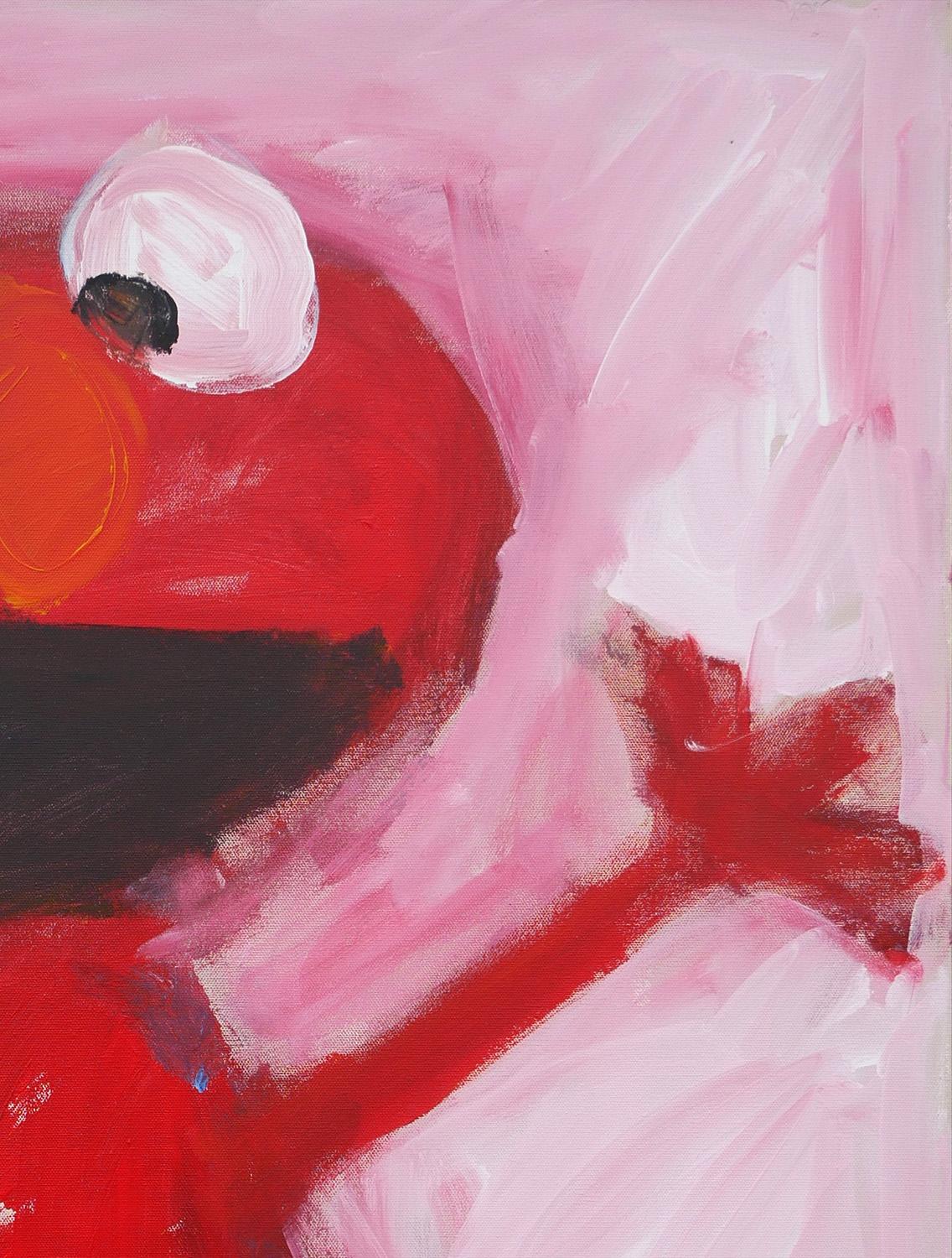 Contemporary pop art painting of iconic Sesame Street character, Elmo, by Texas / Mexico based artist Tyler Casey. The work features an abstract red toned portrait of Elmo set against a light pink toned background. Signed by the artist in the front