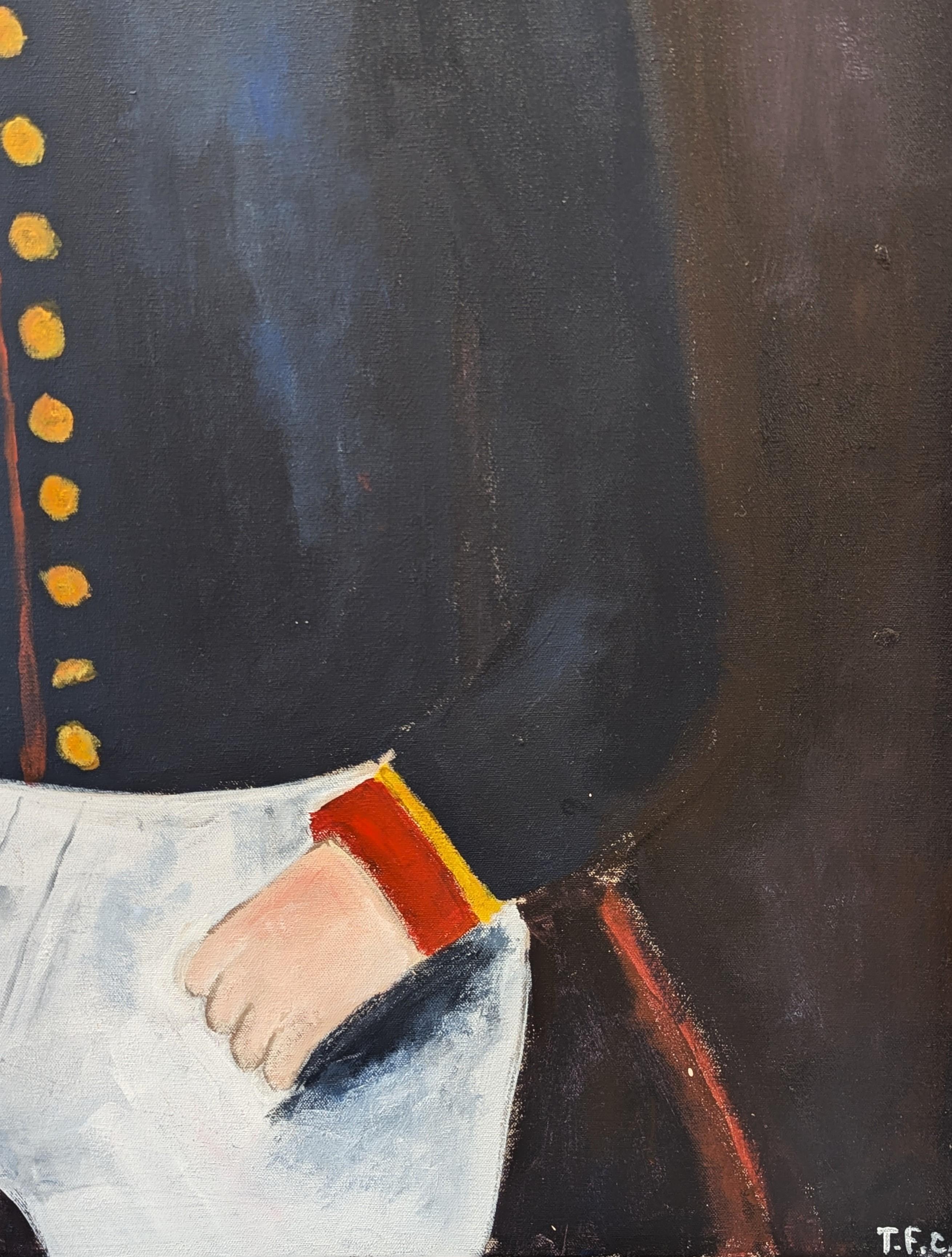 Pintura contemporánea gestual de figuras del artista tejano Tyler Casey. La obra presenta un retrato de un joven llamado Juan Escutia reimaginado en la portada de la revista Esquire. Juan Escutia fue uno de los seis Niños Héroes que murieron