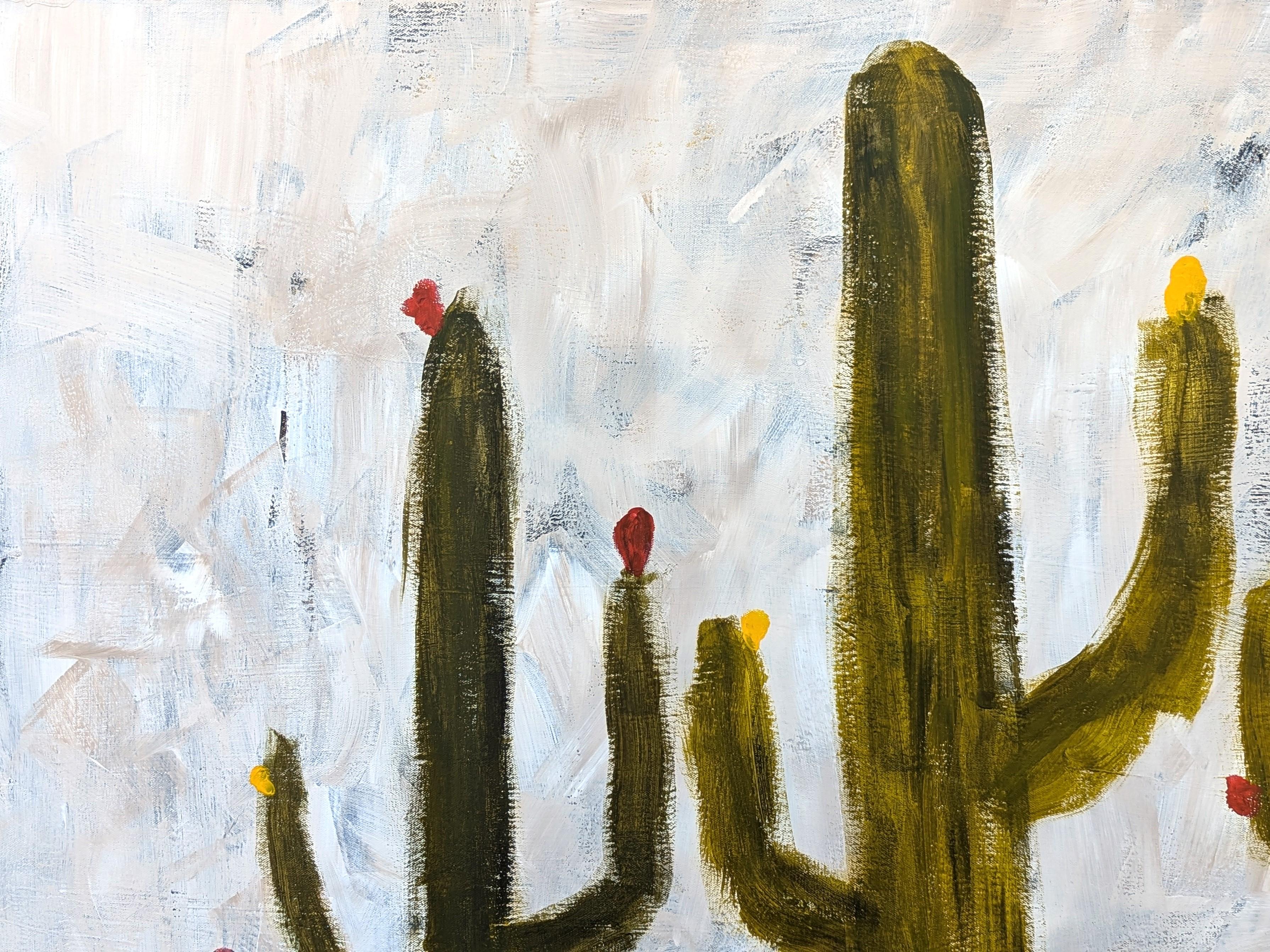 Contemporary gestural abstract painting by Texas-based artist Tyler Casey. The work features a four large cacti in a western landscape set against a light cream background. Signed in the front lower right corner. Currently unframed, but options are