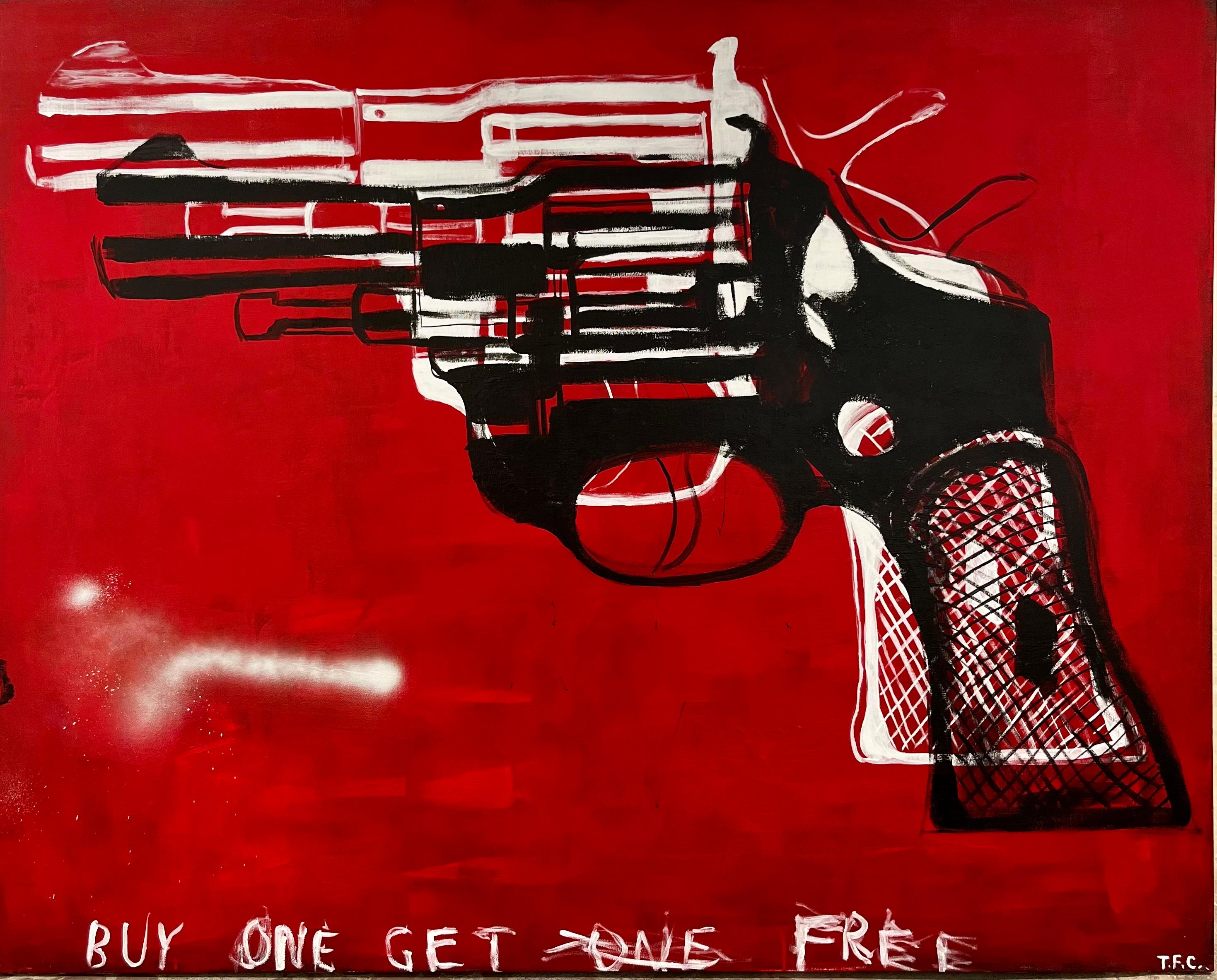 Tyler Casey Still-Life Painting - "Guns (Red)" Contemporary Abstract Andy Warhol Inspired Pop Art Painting