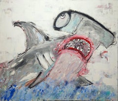 "Hammerhead Shark" Contemporary Grey Toned Abstract Pop Art Animal Painting