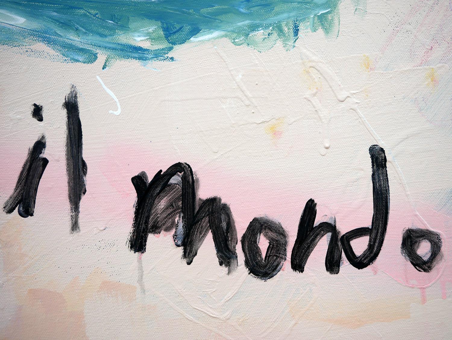 Quadro pop art contemporaneo dell'artista texano/messicano Tyler Casey. L'opera presenta un dipinto astratto della Terra su uno sfondo rosa chiaro con i testi 