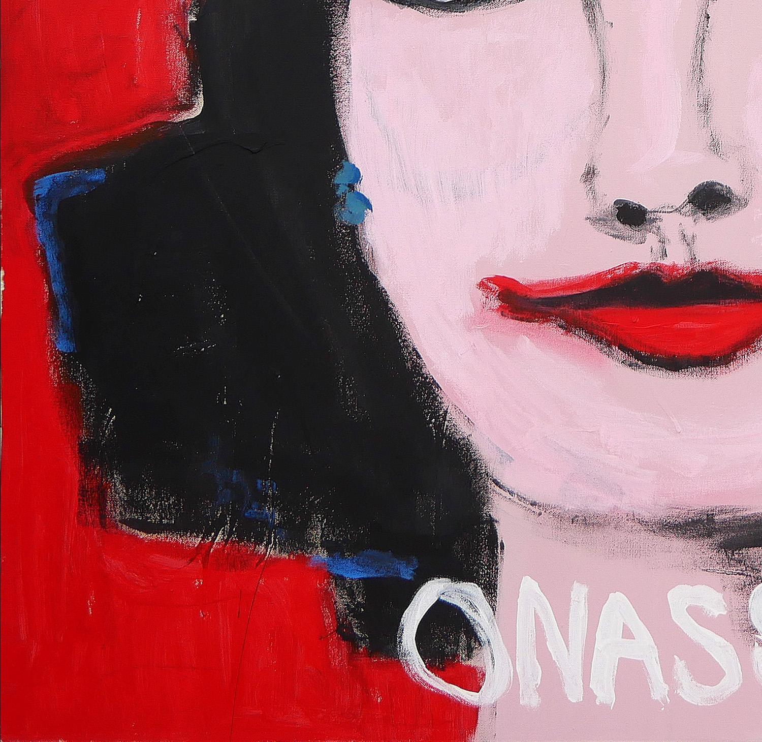 Contemporary pop art painting by Texas / Mexico-based artist Tyler Casey. The work features an abstract painting of former First Lady Jackie Kennedy against a bright red background with her name 