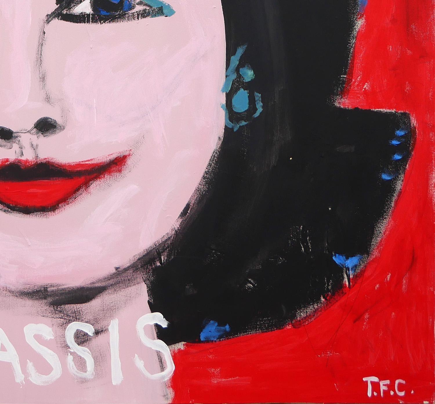Quadro pop art contemporaneo dell'artista texano/messicano Tyler Casey. L'opera presenta un dipinto astratto dell'ex First Lady Jackie Kennedy su uno sfondo rosso brillante con il suo nome 