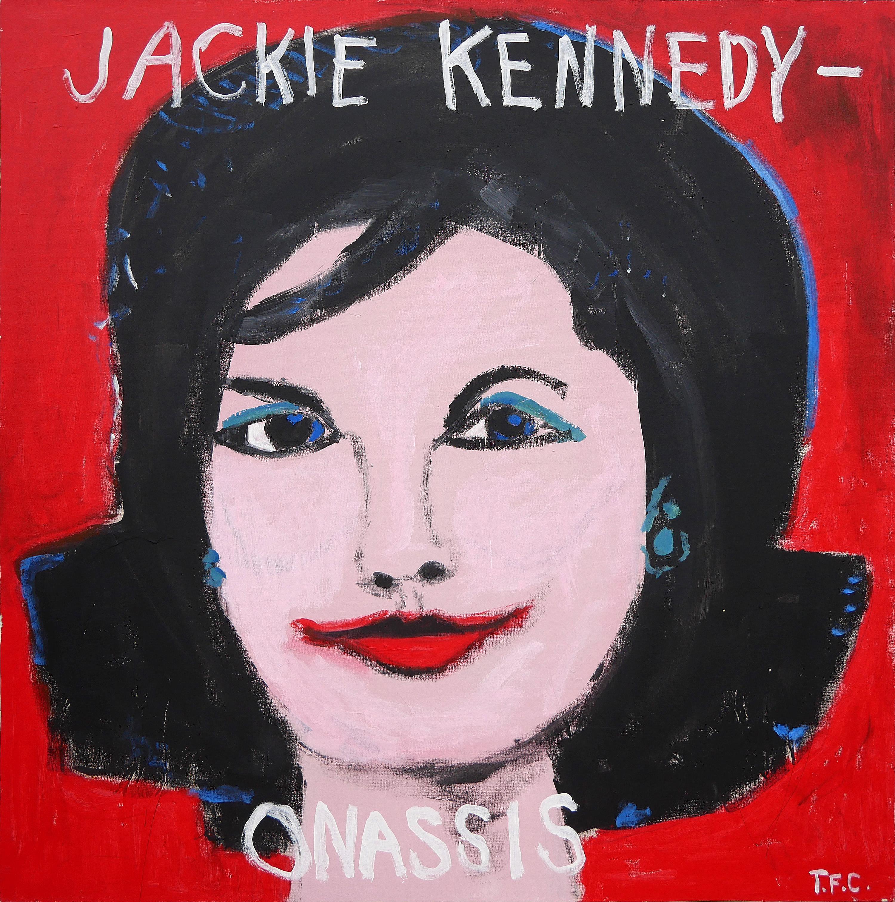 Portrait Painting Tyler Casey - "Jackie Kennedy-Onassis" Peinture de portrait abstrait contemporaine rouge de style Pop Art 