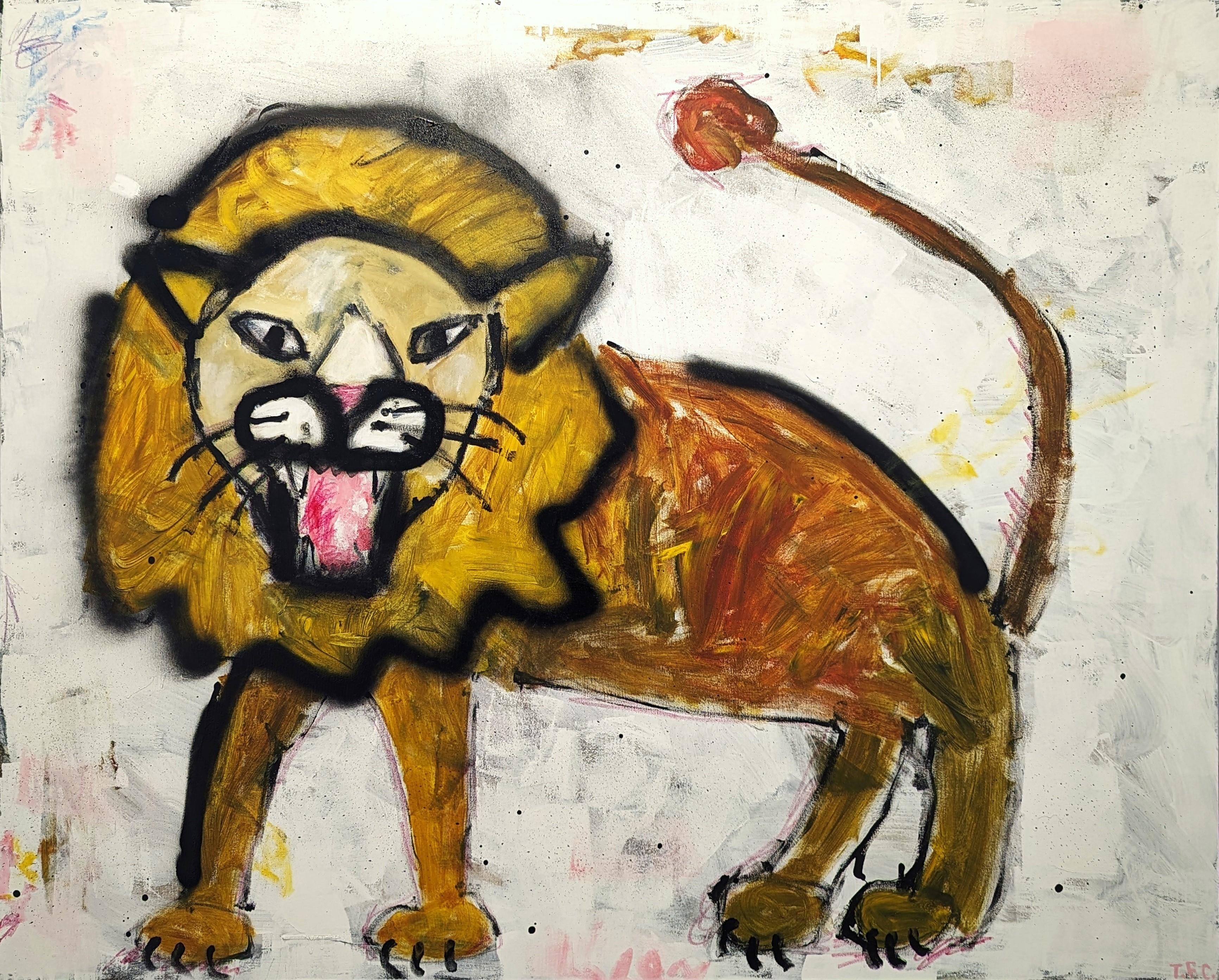 "Lion" Peinture abstraite contemporaine Pop Art animalier en tons jaunes et noirs