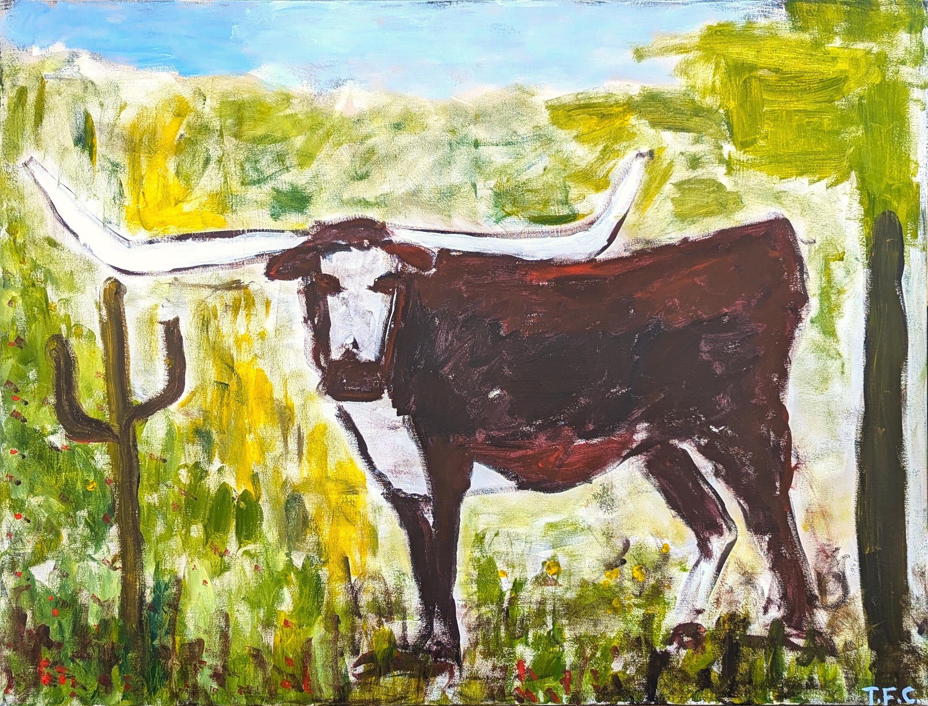 "Longhorn" Pittura gestuale contemporanea di paesaggio animale astratto occidentale