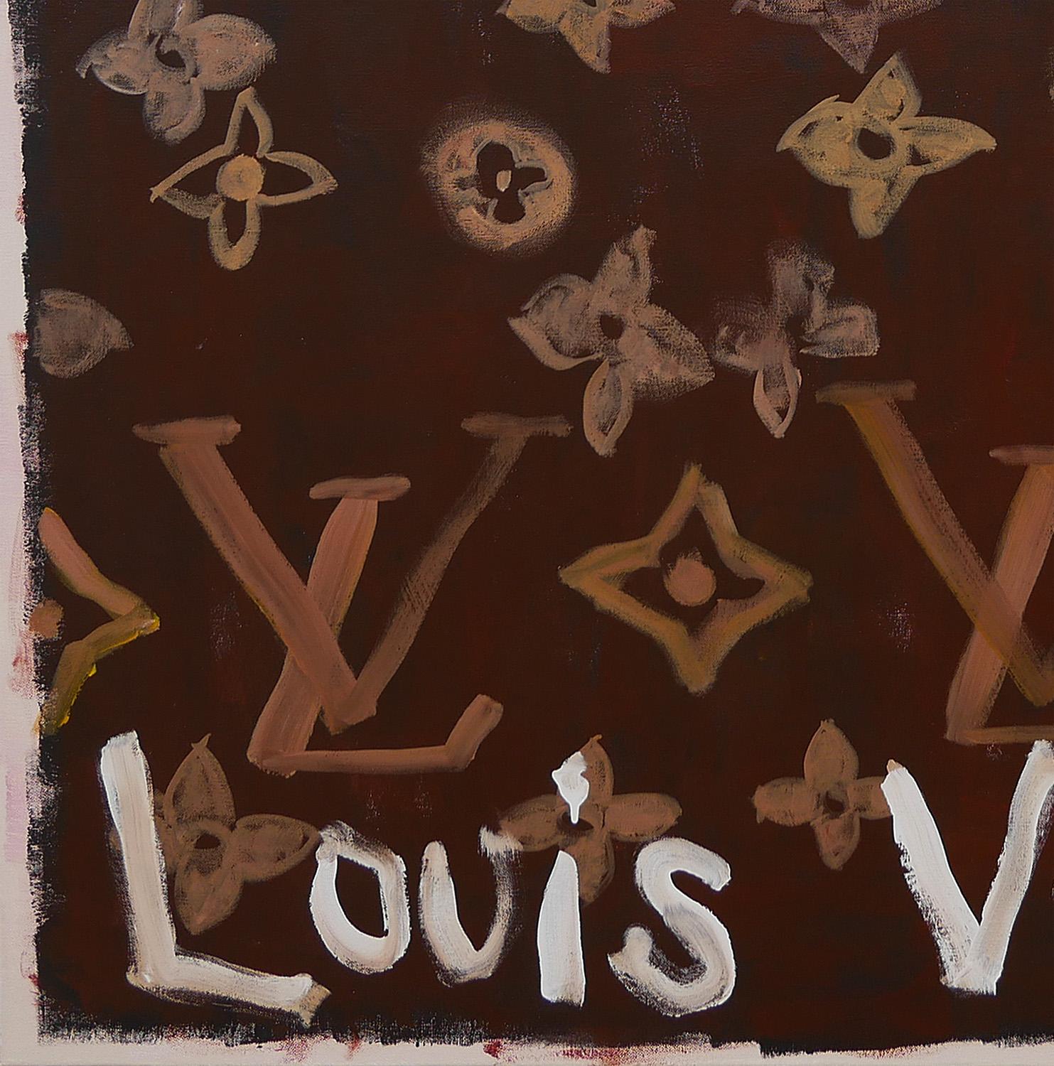 Peinture pop art contemporaine de l'artiste Tyler Casey, basé au Texas et au Mexique. L'œuvre comporte l'impression sur toile du monogramme Louis Vuitton avec le texte 